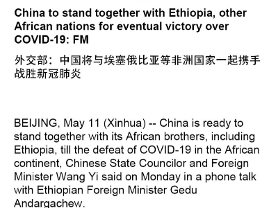 外交部：中国将与埃塞俄比亚等非洲国家一起携手战胜新冠肺炎