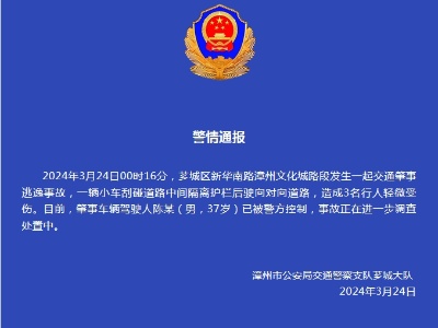 男子凌晨驾车撞伤3人逃逸 漳州警方：肇事司机已被控制-中新网