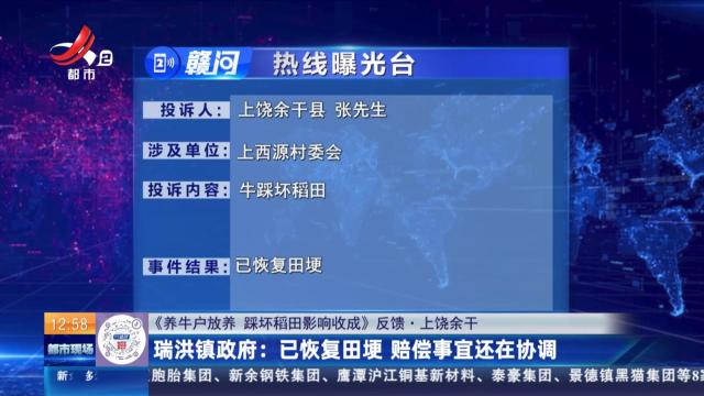 【《养牛户放养 踩坏稻田影响收成》反馈·上饶余干】瑞洪镇政府：已恢复田梗 赔偿事宜还在协调