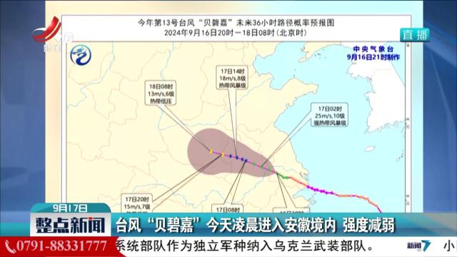 台风“贝碧嘉”今天凌晨进入安徽境内 强度减弱