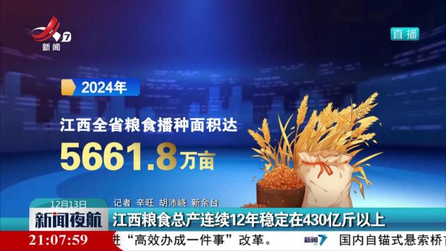 江西粮食总产连续12年稳定在430亿斤以上