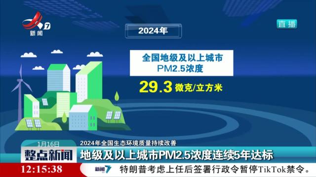 【2024年全国生态环境质量持续改善】地级及以上城市PM2.5浓度连续5年达标
