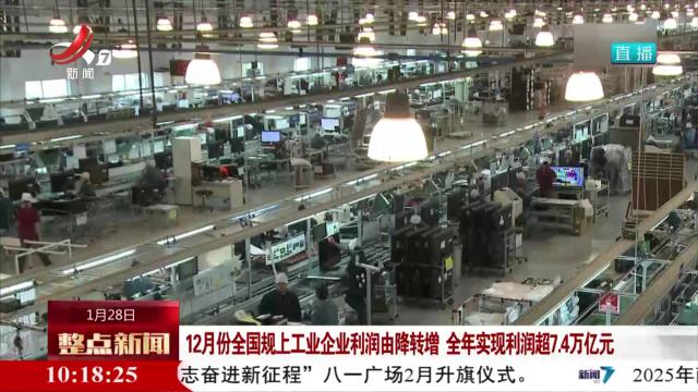 12月份全国规上工业企业利润由降转增 全年实现利润超7.4万亿元
