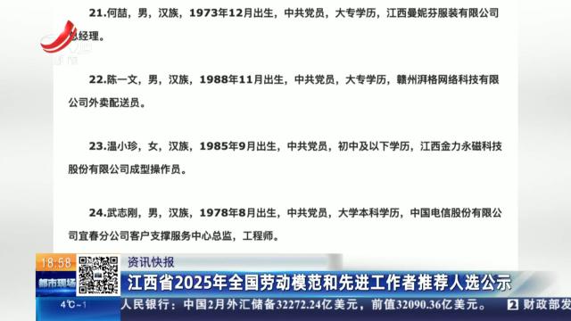 江西省2025年全国劳动模范和先进工作者推荐人选公示