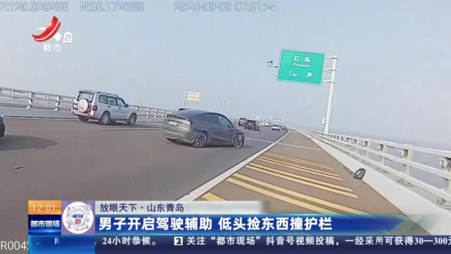 【放眼天下】山东青岛：男子开启驾驶辅助 低头捡东西撞护栏
