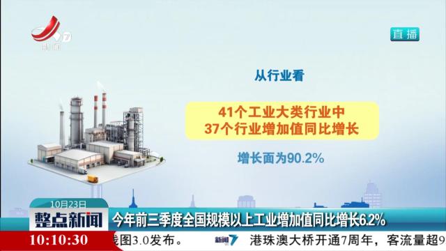 今年前三季度全国规模以上工业增加值同比增长6.2％