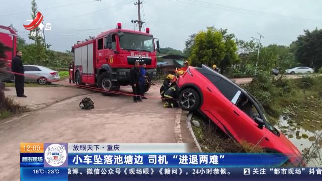 【放眼天下】重庆：小车坠落池塘边 司机“进退两难”