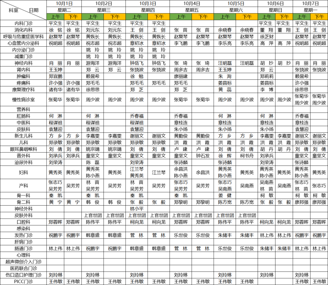 广信区人民医院“十一”期间门诊安排表