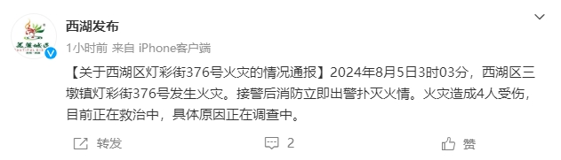 杭州西湖区一地发生火灾事故 造成4人受伤-中新网