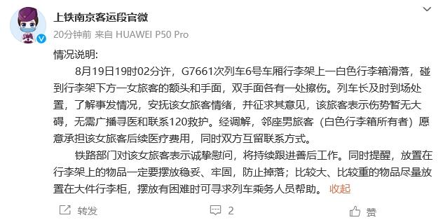 高铁车厢行李箱滑落致一旅客擦伤 上海铁路局通报-中新网