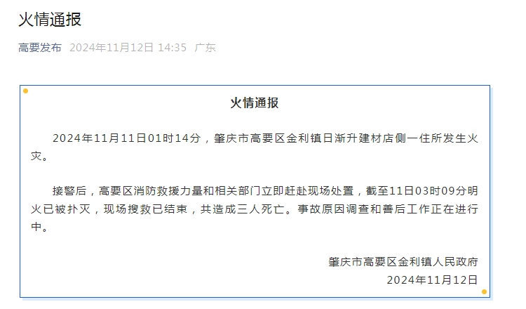 广东肇庆：一住所发生火灾造成三人死亡-中新网